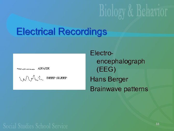 Electrical Recordings Electroencephalograph (EEG) Hans Berger Brainwave patterns 33 