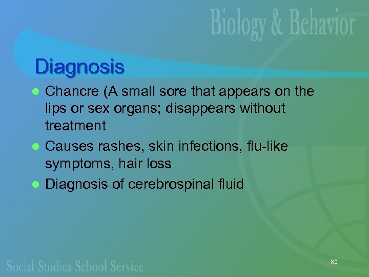 Diagnosis Chancre (A small sore that appears on the lips or sex organs; disappears
