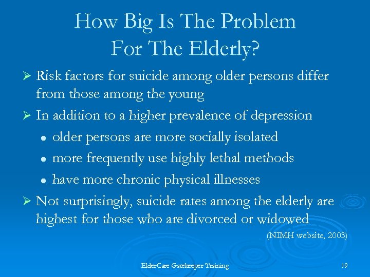 How Big Is The Problem For The Elderly? Risk factors for suicide among older