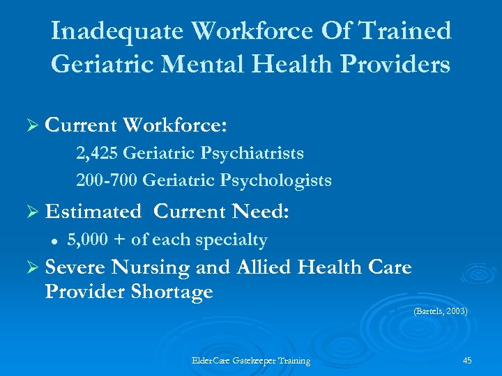 Inadequate Workforce Of Trained Geriatric Mental Health Providers Ø Current Workforce: 2, 425 Geriatric