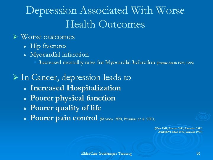 Depression Associated With Worse Health Outcomes Ø Worse outcomes l l Hip fractures Myocardial