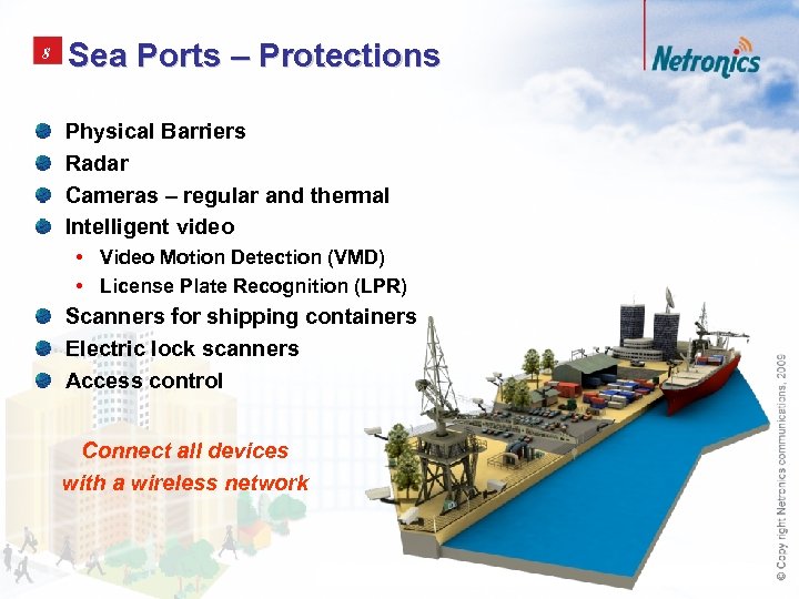 8 Sea Ports – Protections Physical Barriers Radar Cameras – regular and thermal Intelligent
