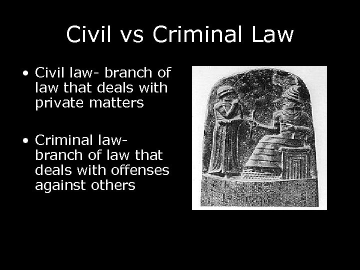 Civil vs Criminal Law • Civil law- branch of law that deals with private