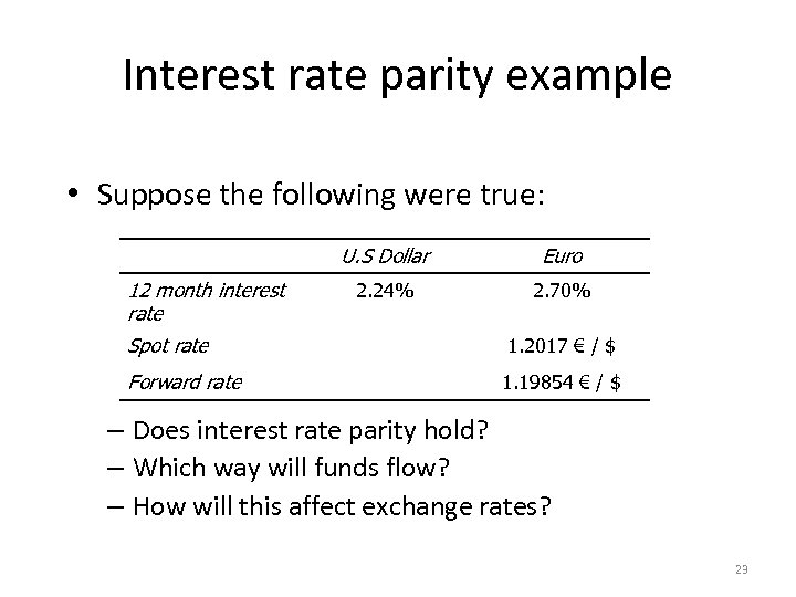 Interest rate parity example • Suppose the following were true: U. S Dollar 12