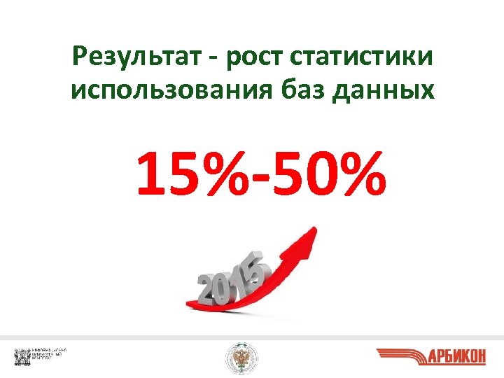 Результат - рост статистики использования баз данных 15%-50% 26 