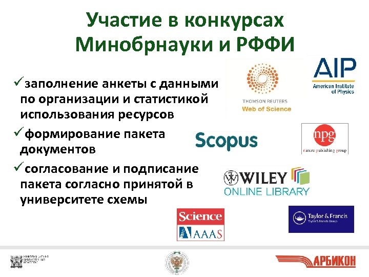 Участие в конкурсах Минобрнауки и РФФИ üзаполнение анкеты с данными по организации и статистикой