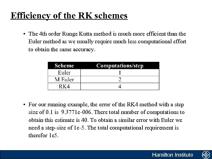 Efficiency of the RK schemes • The 4 th order Runge Kutta method is