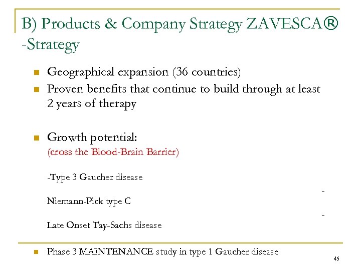 B) Products & Company Strategy ZAVESCA® -Strategy n Geographical expansion (36 countries) Proven benefits