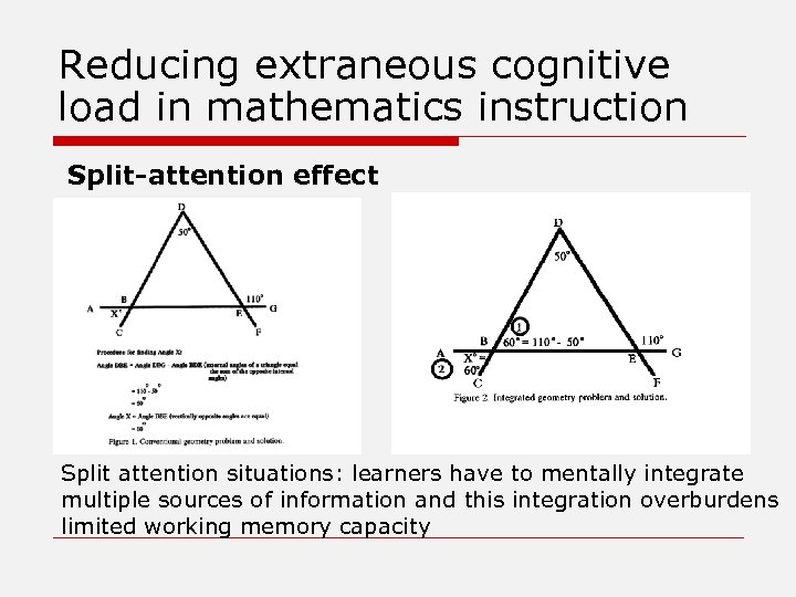 Reducing extraneous cognitive load in mathematics instruction Split-attention effect Split attention situations: learners have