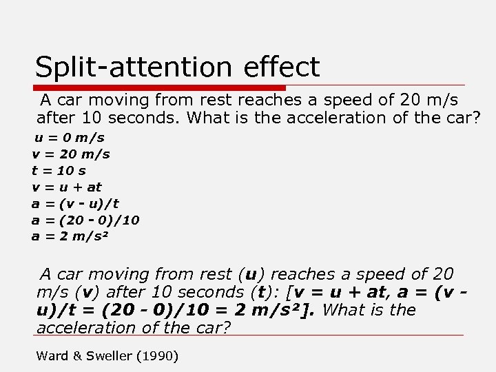 Split-attention effect A car moving from rest reaches a speed of 20 m/s after