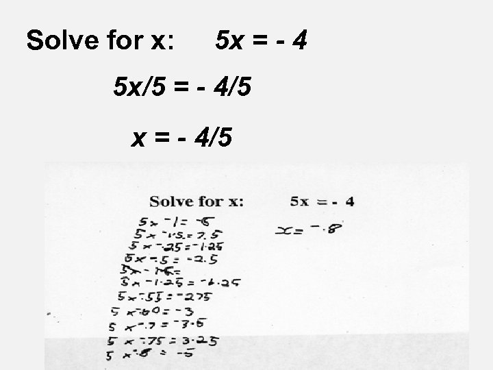 Solve for x: 5 x = - 4 5 x/5 = - 4/5 x