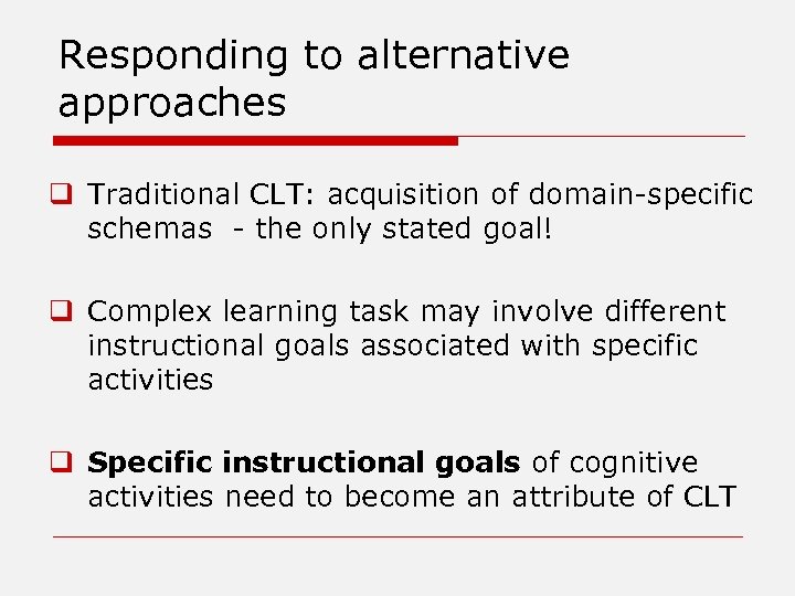 Responding to alternative approaches q Traditional CLT: acquisition of domain-specific schemas - the only