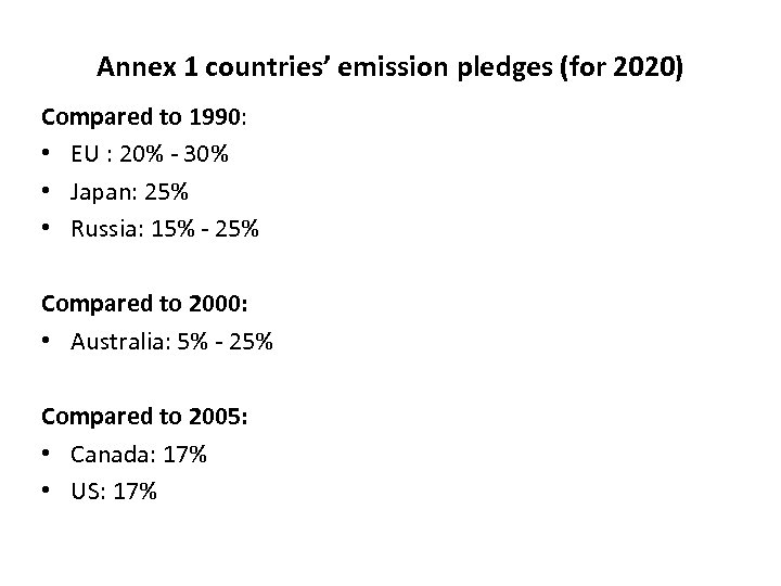Annex 1 countries’ emission pledges (for 2020) Compared to 1990: • EU : 20%