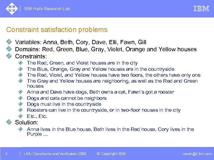 IBM Haifa Research Lab Constraint satisfaction problems ³ Variables: Anna, Beth, Cory, Dave, Elli,