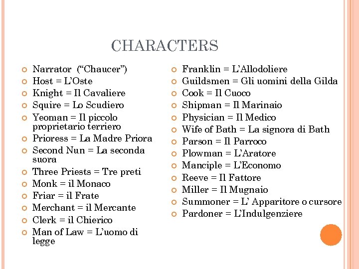 CHARACTERS Narrator (“Chaucer”) Host = L’Oste Knight = Il Cavaliere Squire = Lo Scudiero