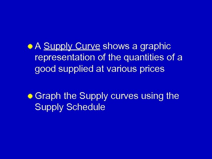 ®A Supply Curve shows a graphic representation of the quantities of a good supplied