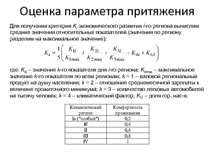 Оценка параметра притяжения Для получения критерия Ki экономического развития i-го региона вычислим средние значения