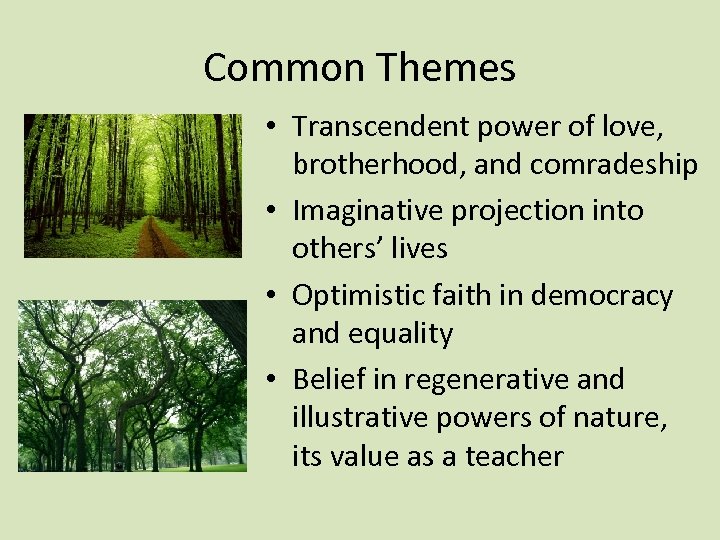 Common Themes • Transcendent power of love, brotherhood, and comradeship • Imaginative projection into