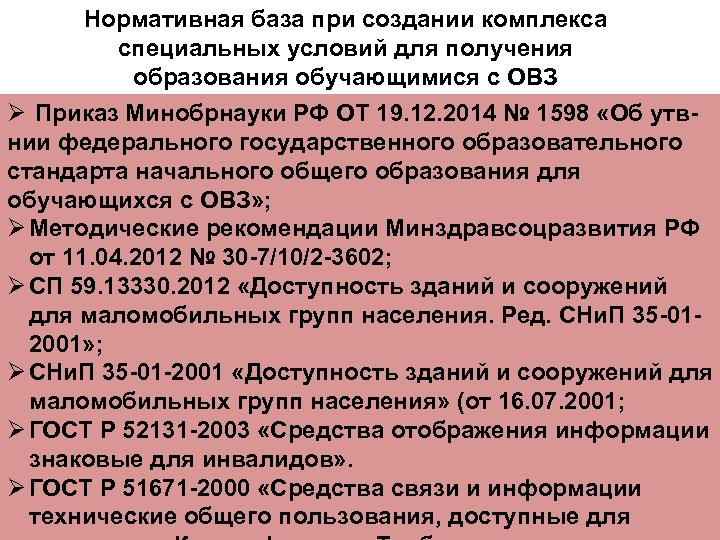 Нормативная база при создании комплекса специальных условий для получения образования обучающимися с ОВЗ Ø