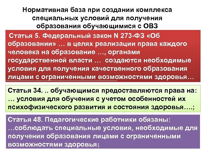 Нормативная база при создании комплекса специальных условий для получения образования обучающимися с ОВЗ Статья