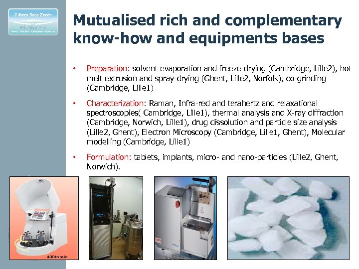 Mutualised rich and complementary know-how and equipments bases • Preparation: solvent evaporation and freeze-drying