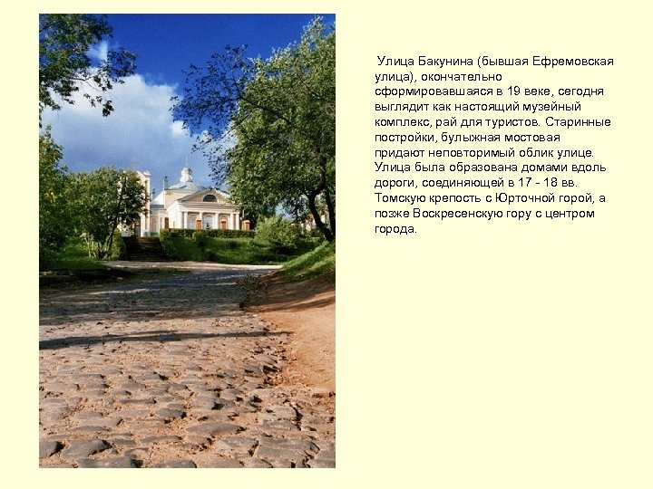  Улица Бакунина (бывшая Ефремовская улица), окончательно сформировавшаяся в 19 веке, сегодня выглядит как