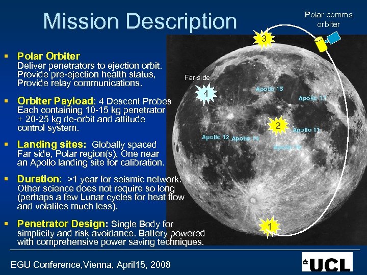 Mission Description Polar comms orbiter 3 § Polar Orbiter Deliver penetrators to ejection orbit.