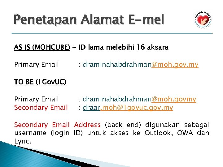 Penetapan Alamat E-mel AS IS (MOHCUBE) ~ ID lama melebihi 16 aksara Primary Email