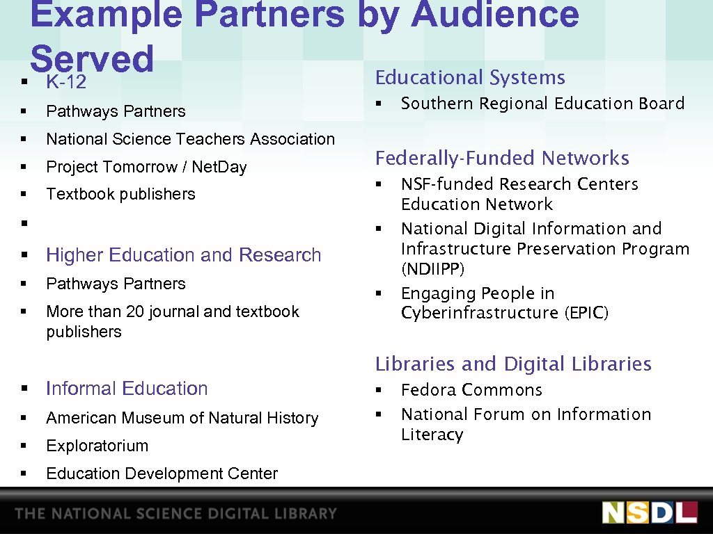 Example Partners by Audience Served Educational Systems § K-12 § Pathways Partners § National