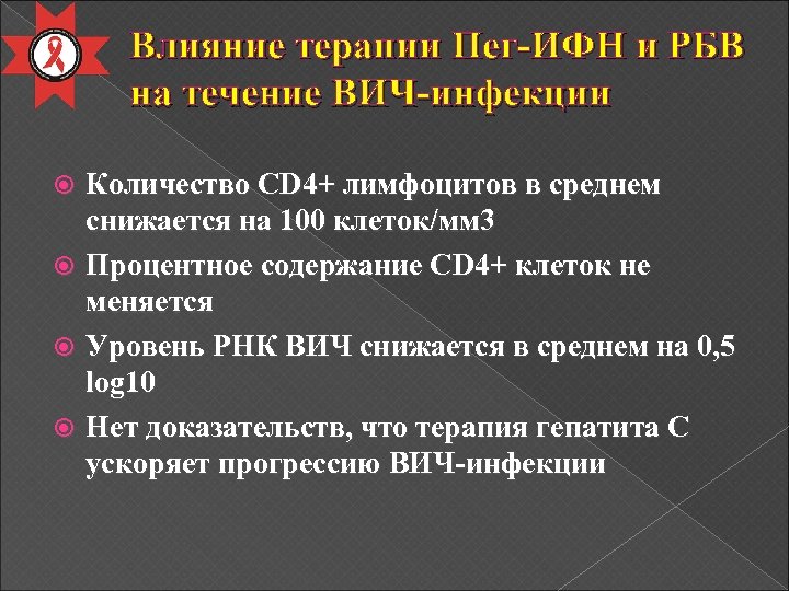 Влияние терапии Пег-ИФН и РБВ на течение ВИЧ-инфекции Количество CD 4+ лимфоцитов в среднем