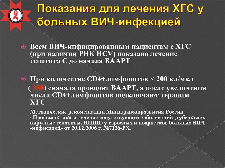 Показания для лечения ХГС у больных ВИЧ-инфекцией Всем ВИЧ-инфицированным пациентам с ХГС (при наличии