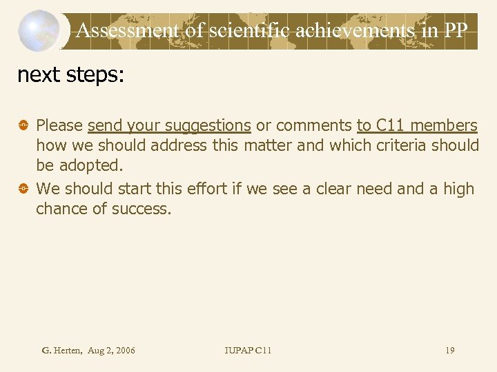 Assessment of scientific achievements in PP next steps: Please send your suggestions or comments