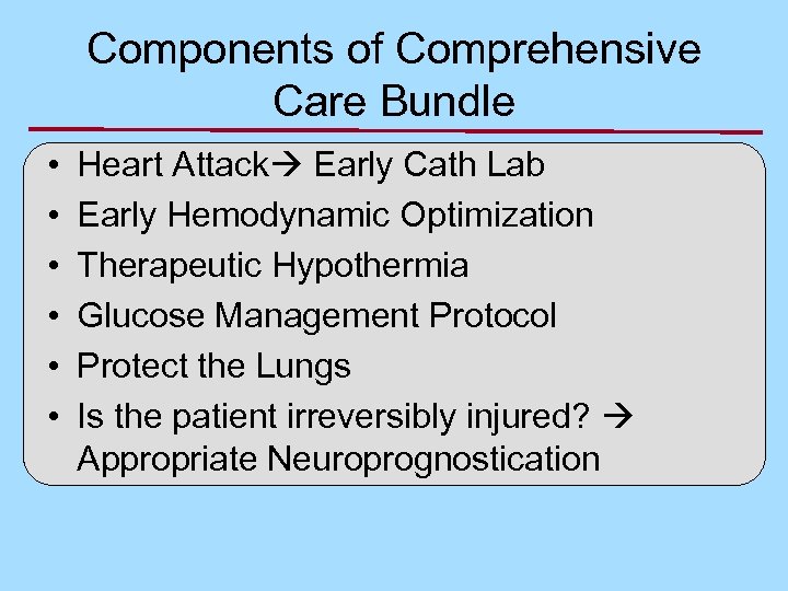 Components of Comprehensive Care Bundle • • • Heart Attack Early Cath Lab Early