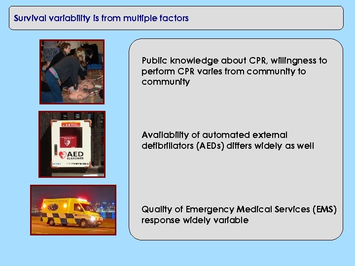 Survival variability is from multiple factors Public knowledge about CPR, willingness to perform CPR