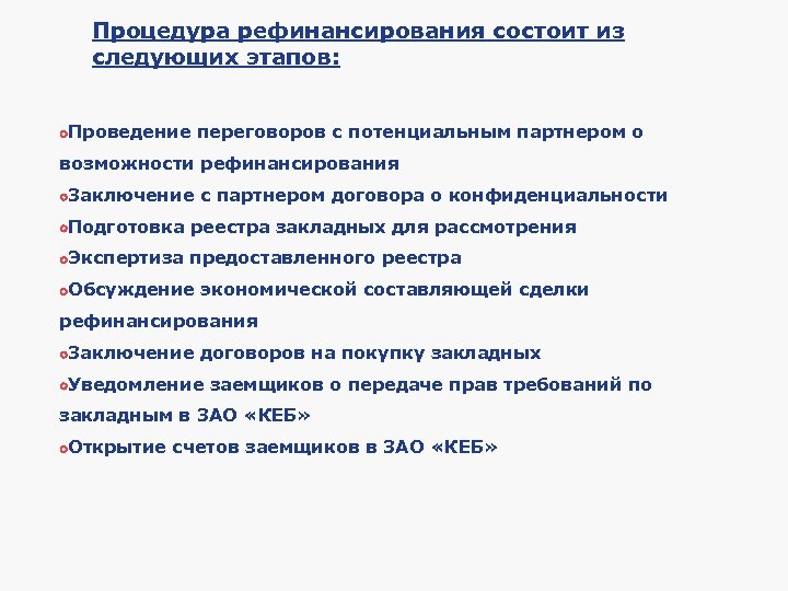 Процедура рефинансирования состоит из следующих этапов: Сам процесс процедуры рефинансирования состоит из следующих этапов: