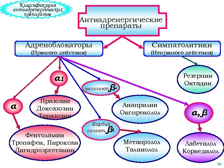 Классификация антиадренергических препаратов Антиадренергические препараты Адреноблокаторы Симпатолитики (Прямого действия) (Непрямого действия) α 1 неселект