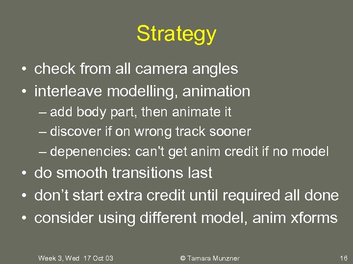 Strategy • check from all camera angles • interleave modelling, animation – add body