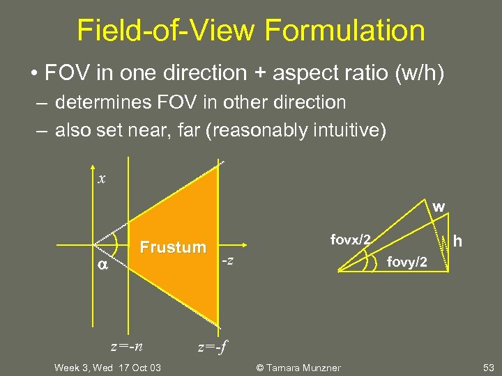 Field-of-View Formulation • FOV in one direction + aspect ratio (w/h) – determines FOV