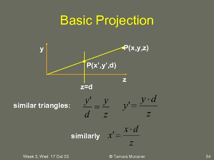Basic Projection P(x, y, z) y P(x’, y’, d) z=d z similar triangles: similarly