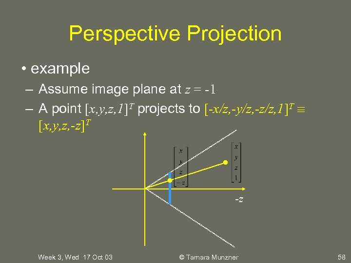 Perspective Projection • example – Assume image plane at z = -1 – A
