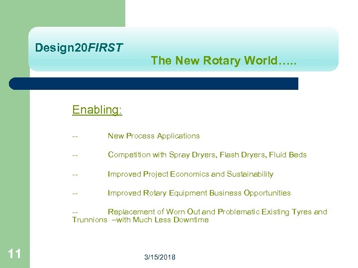 Design 20 FIRST The New Rotary World…. . Enabling: -- New Process Applications --