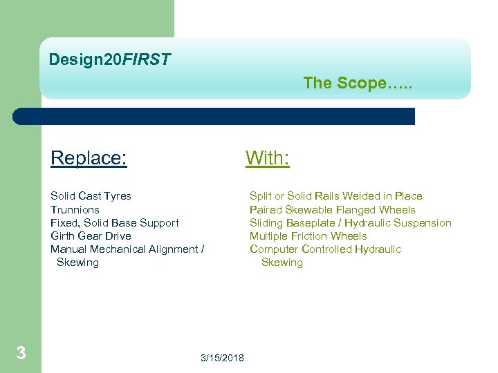 Design 20 FIRST The Scope…. . Replace: With: Solid Cast Tyres Split or Solid