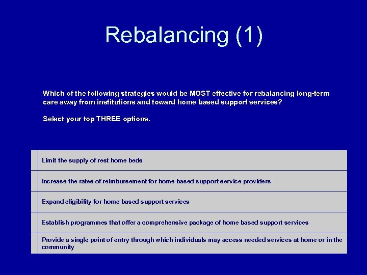 Rebalancing (1) Which of the following strategies would be MOST effective for rebalancing long-term