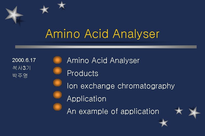 Amino Acid Analyser 2000. 6. 17 석사 3기 박주영 Amino Acid Analyser Products Ion