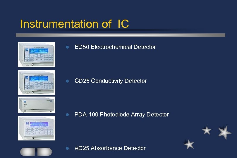 Instrumentation of IC l ED 50 Electrochemical Detector l CD 25 Conductivity Detector l