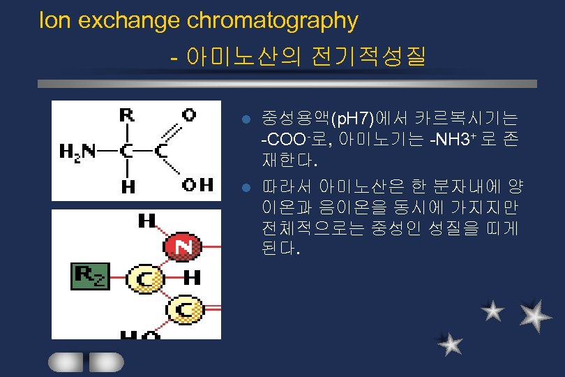 Ion exchange chromatography - 아미노산의 전기적성질 중성용액(p. H 7)에서 카르복시기는 -COO-로, 아미노기는 -NH 3+