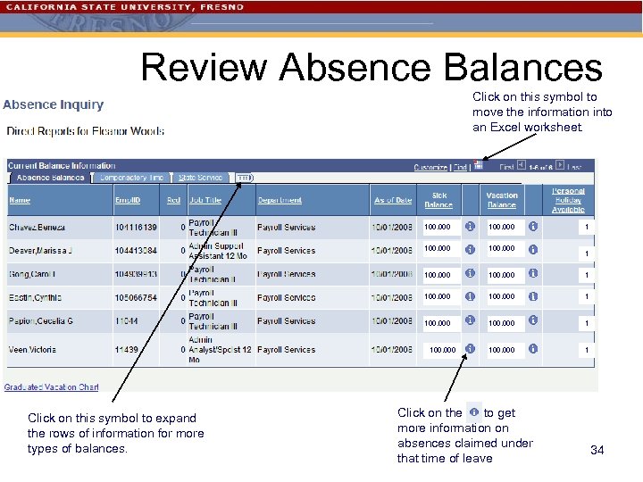 Review Absence Balances Click on this symbol to move the information into an Excel