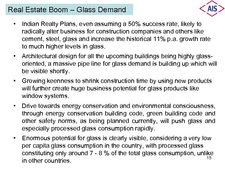 Real Estate Boom – Glass Demand • Indian Realty Plans, even assuming a 50%