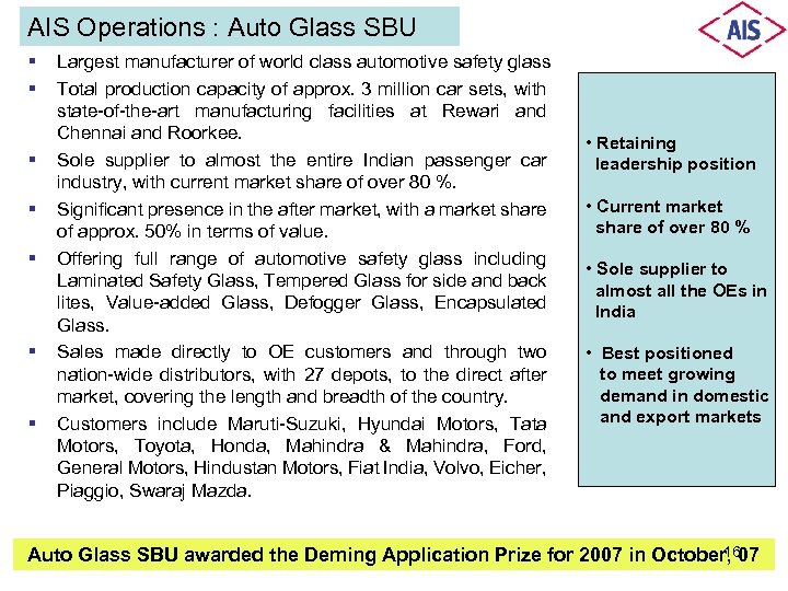 AIS Operations : Auto Glass SBU § § § § Largest manufacturer of world