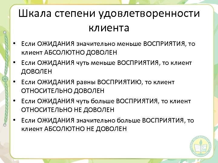 Шкала степени удовлетворенности клиента • Если ОЖИДАНИЯ значительно меньше ВОСПРИЯТИЯ, то клиент АБСОЛЮТНО ДОВОЛЕН